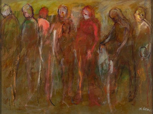 N. Lenci : Figure  (1975)  - Olio su faesite - Asta Arte Moderna e Contemporanea - Fabiani Arte