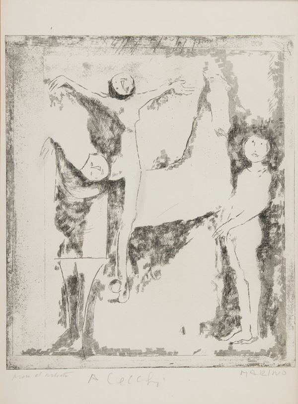 Marino Marini : Gruppo di arlecchini  (1968)  - Acquaforte di cm. 41,5x36,5, - Asta Arte Moderna e Contemporanea - Fabiani Arte