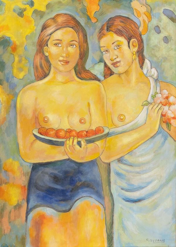 Roberto Sguanci : Omaggio a P. Gauguin  - Olio su cartone inciso - Asta Arte Moderna e Contemporanea - Fabiani Arte