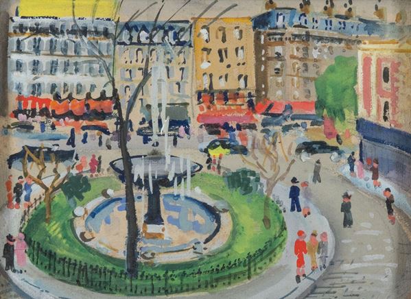 Lucien Genin : Place Pigalle  - Acquerello su cartoncino, - Asta Asta di Arte Moderna e Contemporanea '800 e '900 - Fabiani Arte