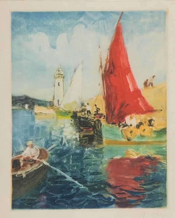 Merio Ameglio : Faro e barche  - Acquaforte di cm. 29,5x23,5 - Asta Arte Moderna e Contemporanea - Fabiani Arte
