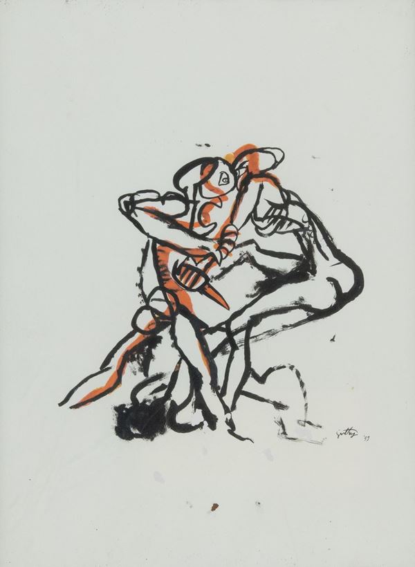 Renato Guttuso : Lottatori  (1959)  - Tecnica mista su carta, - Asta Arte Moderna e Contemporanea - Fabiani Arte