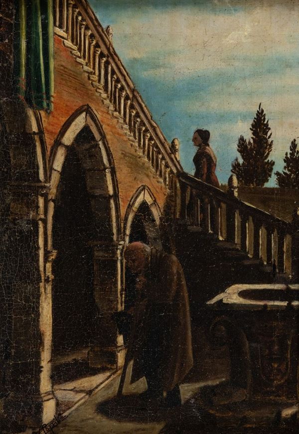 Anonimo seconda met&#224; XIX secolo : Figure al portico  - Olio su tela - Asta Arte Moderna e Contemporanea - Fabiani Arte