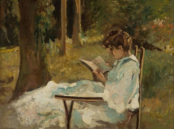 Anonimo prima met&#224; XX secolo - Nobildonna che legge in giardino