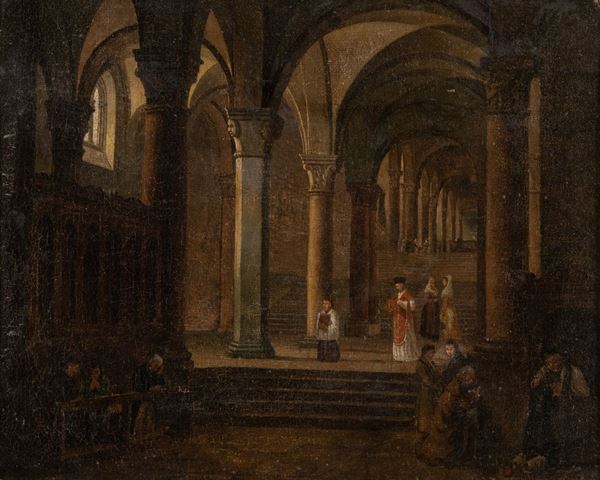 Scuola Veneta XIX secolo : Interno di chiesa  - Olio su tela - Asta Arte Moderna e Contemporanea - Fabiani Arte