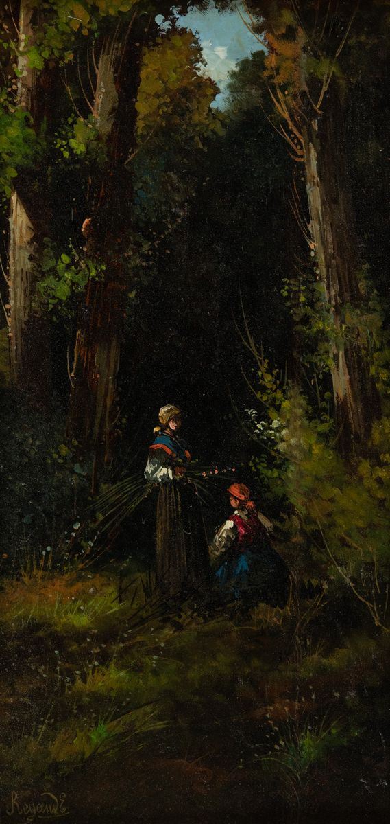 Anonimo seconda met&#224; XIX secolo : Contadine nel bosco  - Olio su tavola - Asta Arte Moderna e Contemporanea - Fabiani Arte