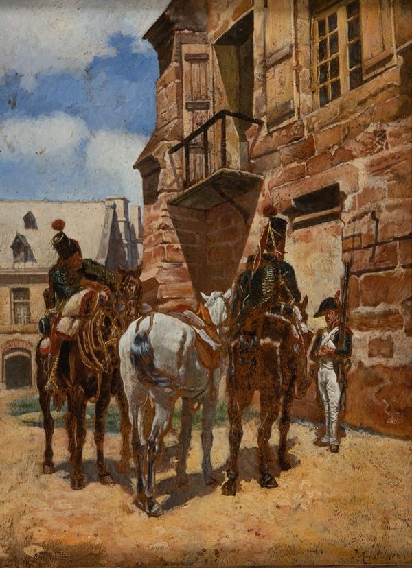 Scuola francese seconda met&#224; XIX secolo : Soldati a cavallo  - Olio su tavola - Asta Arte Moderna e Contemporanea - Fabiani Arte