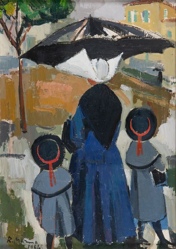 Rodolfo Marma : Monachina in piazza Savonarola  (1964)  - Olio su tavola - Asta Arte Moderna e Contemporanea - Fabiani Arte
