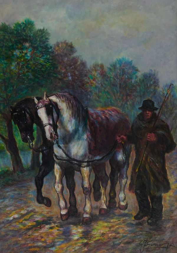 Giovan Franceso Gonzaga : I cavalli da tiro  (1982)  - Olio su tela - Asta Asta di Arte Moderna e Contemporanea '800 e '900 - Fabiani Arte