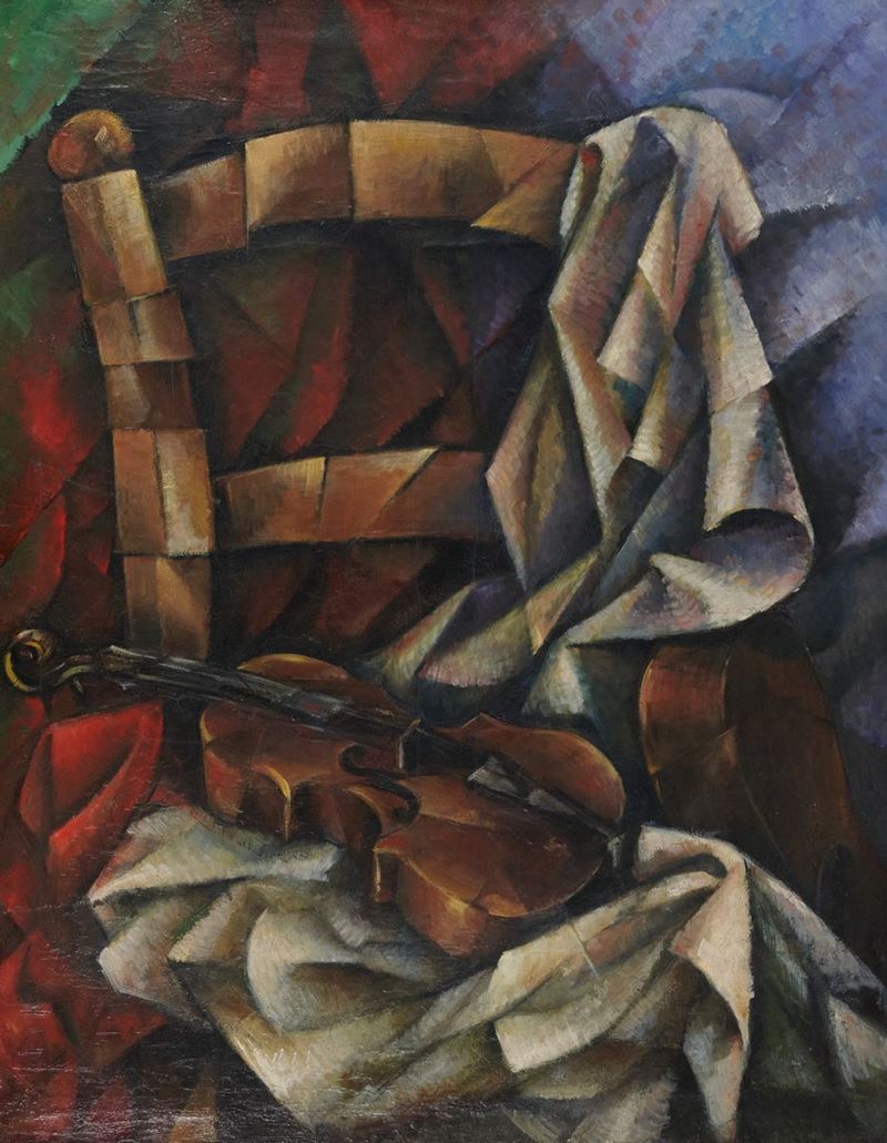 Roberto Marcello Iras Baldessari - Natura Morta Futur-cubista con Violino e Sedia