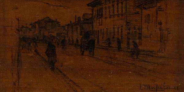 Luigi Michelacci : Corso con carrozza e passanti  - Olio su tavola - Asta Asta di Arte Moderna e Contemporanea '800 e '900	 - Fabiani Arte
