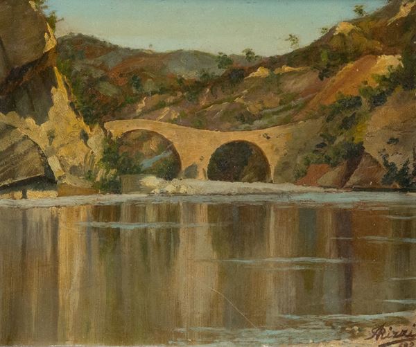 Antonio Rizzi : Il ponte di Panico -  Marzabotto  (1925)  - Olio su tavola - Asta Asta di Arte Moderna e Contemporanea '800 e '900	 - Fabiani Arte