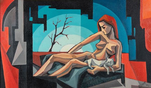 Aldo Borgogni : Nudo cubista  (1973)  - Olio e sabbia su tela - Asta Asta di Arte Moderna e Contemporanea '800 e '900	 - Fabiani Arte