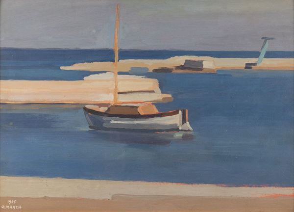 Giovanni March : Barca al moletto  (1965)  - Olio su faesite - Asta Asta di Arte Moderna e Contemporanea '800 e '900	 - Fabiani Arte