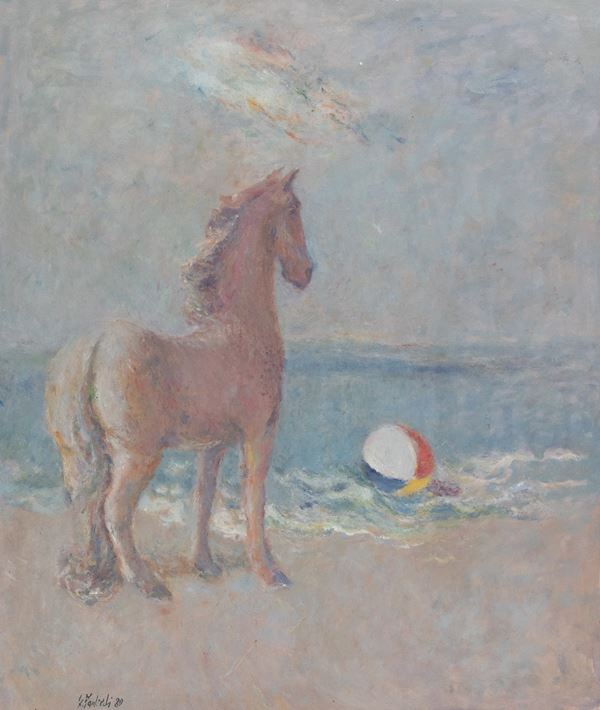 Giuseppe Manfredi : Cavallo sulla spiaggia  (1980)  - Olio su cartone - Asta Asta di Arte Moderna e Contemporanea '800 e '900	 - Fabiani Arte