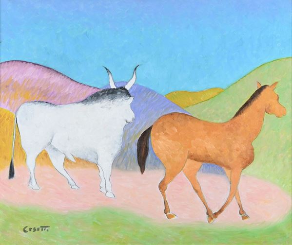 Giuseppe Cesetti - Paesaggio con cavallo e toro