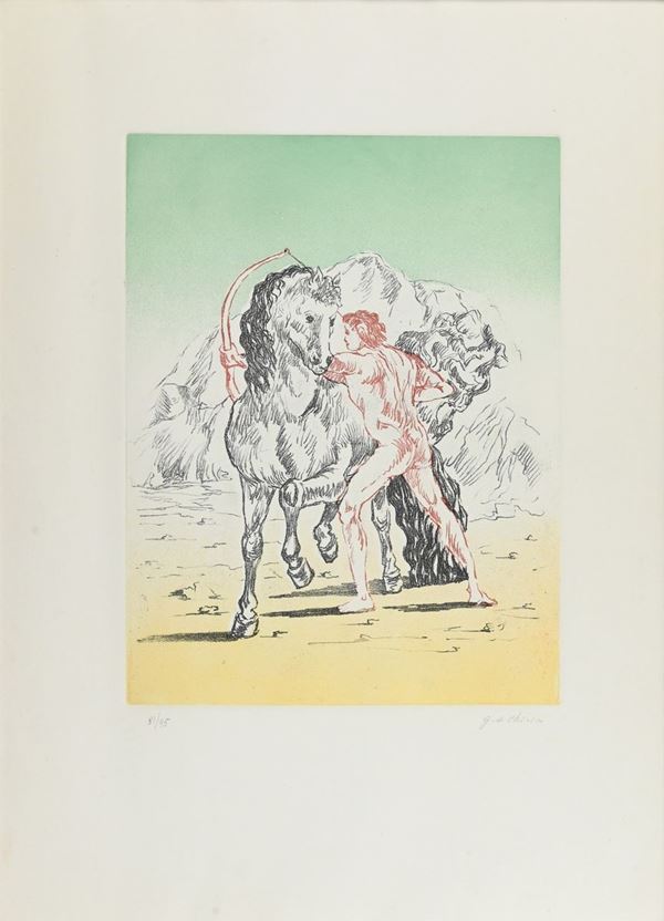 Giorgio De Chirico : Arciere con cavallo  (1972)  - Acquaforte e acquatinta - Asta Asta di Arte Moderna e Contemporanea - Fabiani Arte