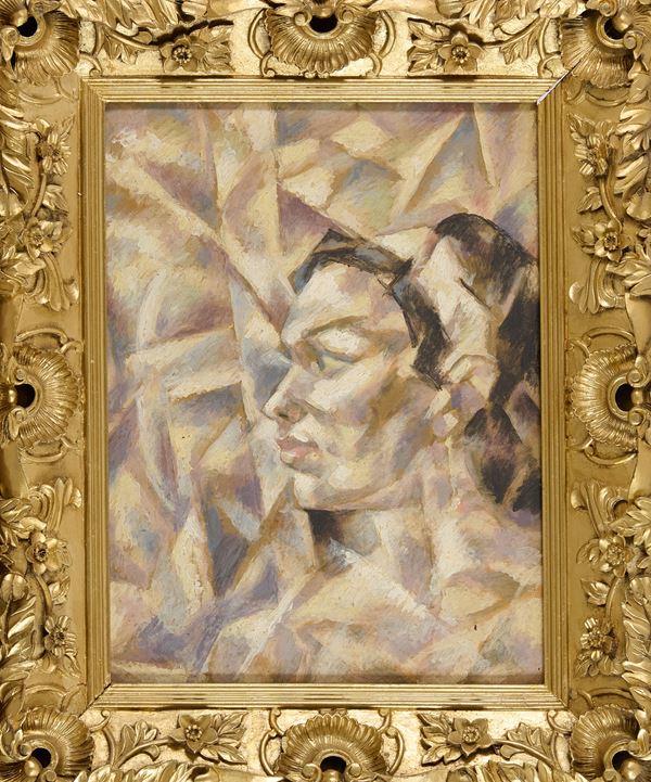 Iras Roberto Baldessari : Profilo di donna Futur-cubista  (1917-18 c.a)  - Olio su cartone - Asta Asta di Arte Moderna e Contemporanea - Fabiani Arte