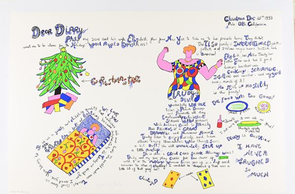 Niki De Saint Phalle : Californian Diary - Dear Diary  (1993)  - Serigrafia colorata su pergamena, su tela di lino - Asta Asta di Arte Moderna e Contemporanea - Fabiani Arte