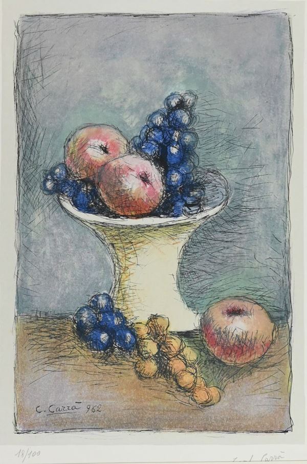 Carlo Carr&#224; : Natura morta con uva  (1962)  - Litografia su carta - Asta Asta di Arte Moderna e Contemporanea - Fabiani Arte