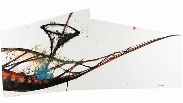 Gilberto Zorio : Senza titolo  (1987)  - Tecnica mista su due carte Fabriano sagomate, applicate su cartone - Asta Asta di Arte Moderna e Contemporanea - Fabiani Arte