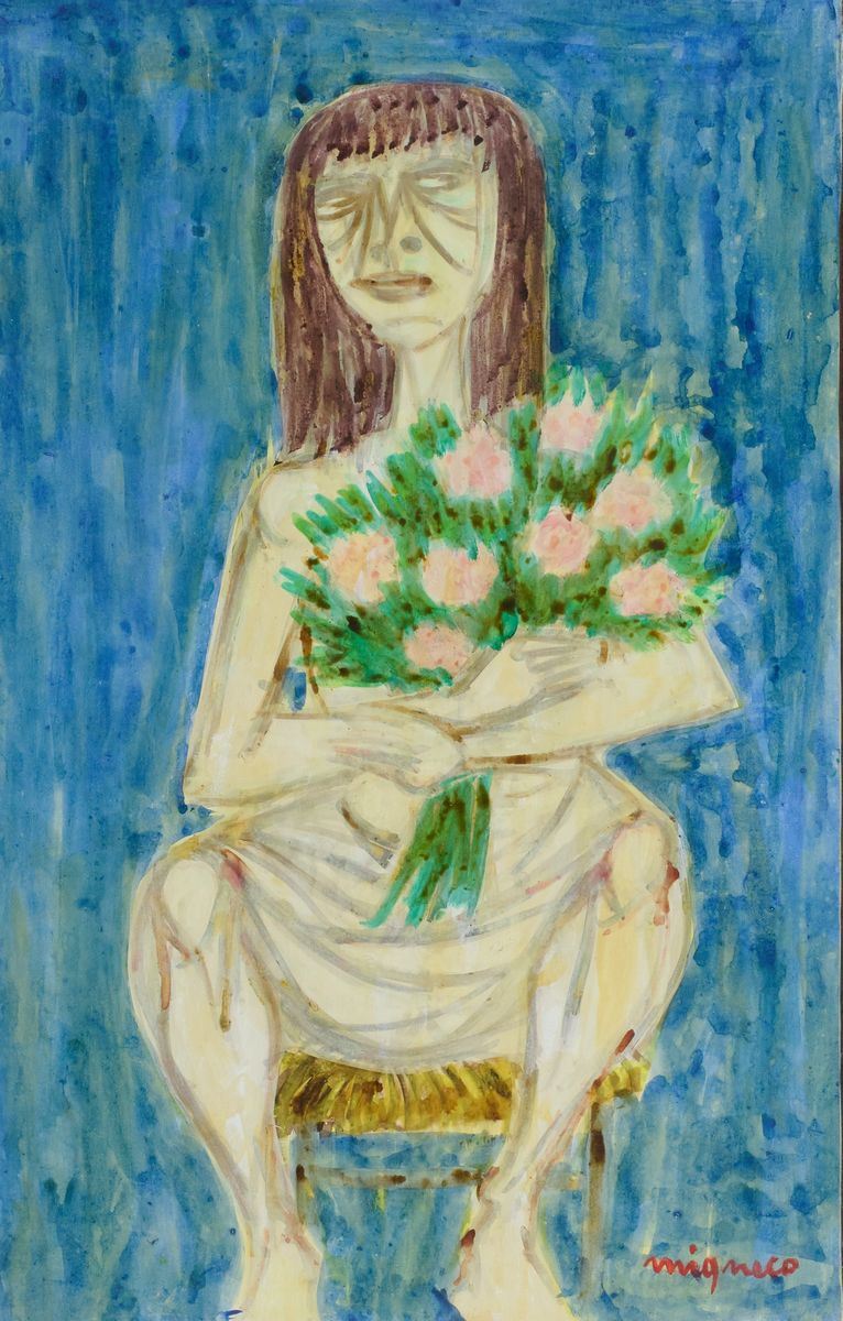 Giuseppe Migneco - Donna con Mazzo di Fiori