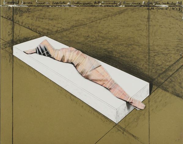 Christo : Wrapped Woman, Project for the Institute of Contemporary Art, Philadelphia, 1968  (1997)  - Litografia con collage di polietilene, spago ed intervento a penna dell'Artista in teca di plexiglas - Asta Asta di Arte Moderna e Contemporanea - Fabiani Arte