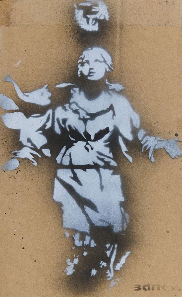Banksy : Madonna con pistola  - Stencil e spray su cartone - multiplo - Asta Asta  [..]
