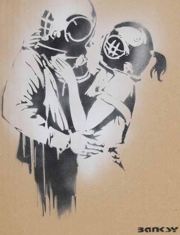 Banksy : Divers Lovers  (Sul verso: timbro "Dismaland Bemusement Park")  [..]