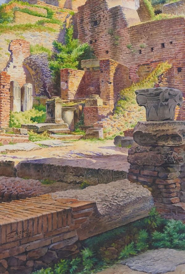 Lorenzo Cecchi : Roma, Foro, Colonne del Tempio di Castore e Polluce  (1927)  - Acquerello su carta - Asta Asta di Arte Moderna e Contemporanea - Fabiani Arte