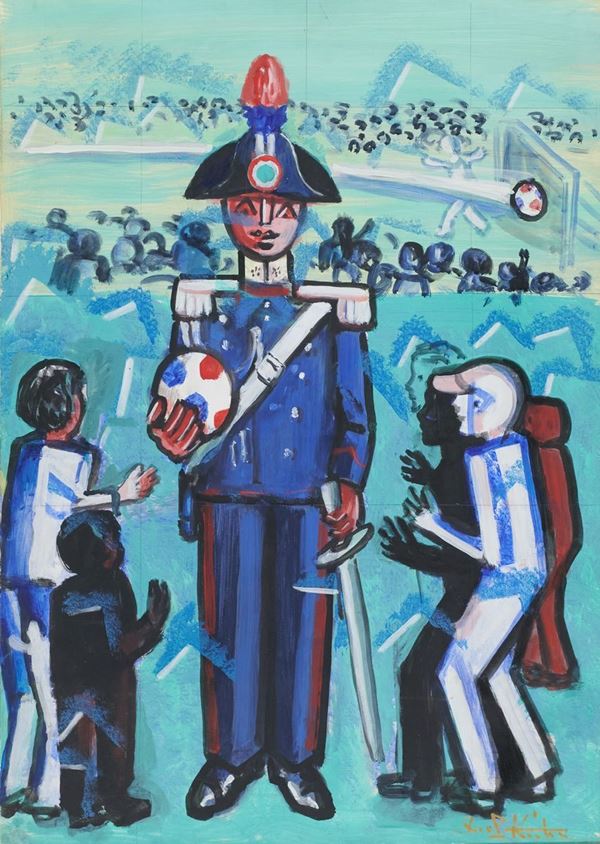 Ibrahim Shaban Likmetaj Kodra : Il Carabiniere  (1990)  - Tecnica mista su carta applicata su tela - Asta Asta di Arte Moderna e Contemporanea - Fabiani Arte