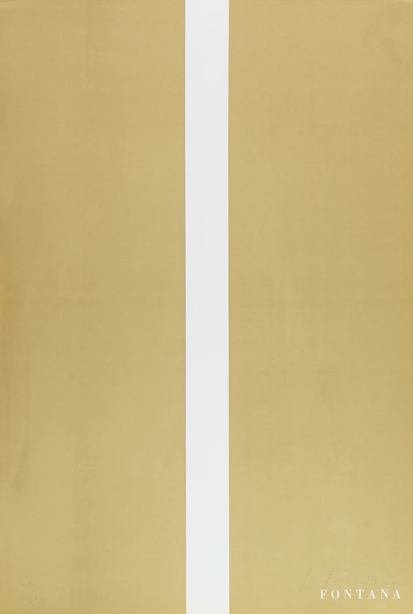 Lucio Fontana : Senza titolo  (1966)  - Serigrafia stampata in oro su carta fabriano - Asta Arte Moderna e Contemporanea	 - Fabiani Arte