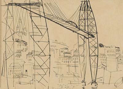 Le pont de fer à Marseilles, penna e inchiostro su carta applicata su cartone