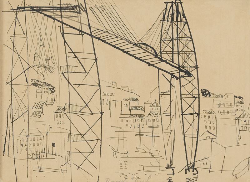 Raoul Dufy - Le pont de fer à Marseilles, penna e inchiostro su carta applicata su cartone