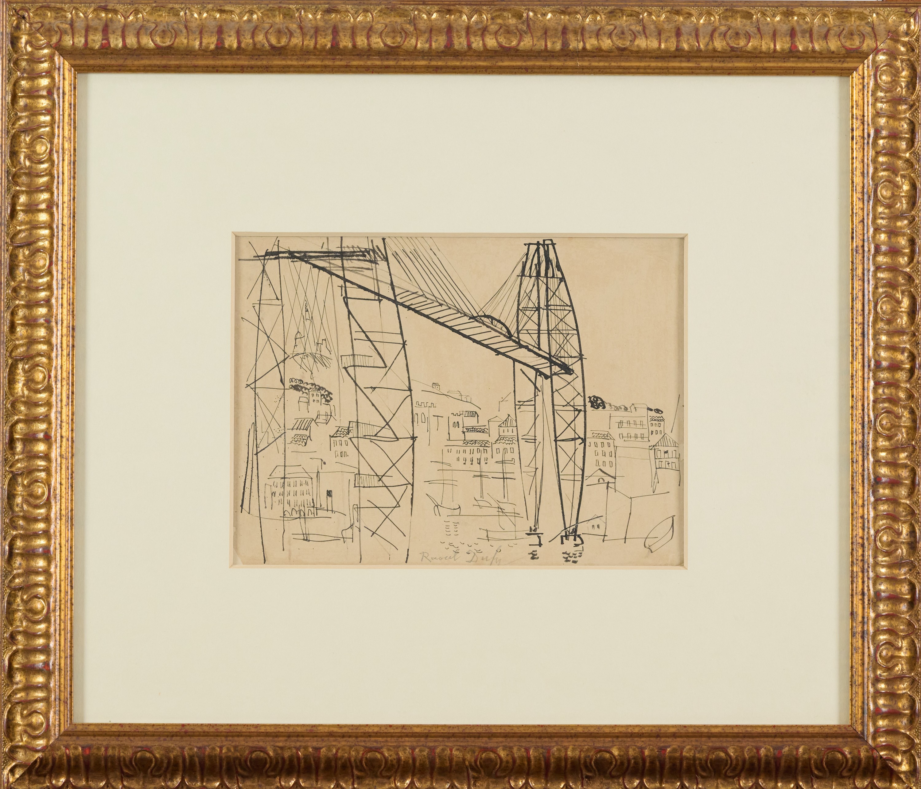 Raoul Dufy - Le pont de fer à Marseilles, penna e inchiostro su carta applicata su cartone