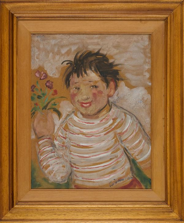 Nino Tirinnanzi : Fanciullo con mazzolino di fiori  - Tecnica mista su faesite - Asta Asta di Arte Moderna e Contemporanea - Fabiani Arte