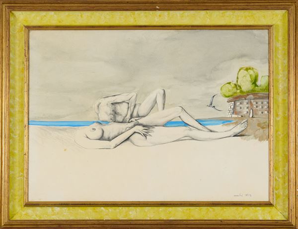 Sergio Vacchi : Sulla spiaggia  (1973)  - Tecnica mista su carta - Asta Asta di Arte Moderna e Contemporanea - Fabiani Arte