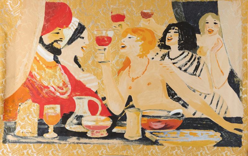 Salvatore Fiume - Brindisi, serigrafia polimaterica d'après su broccato