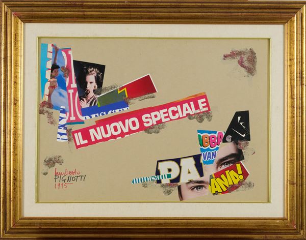 Lamberto Pignotti : Il nuovo speciale  (1995)  - Collage e paillettes su cartone - Asta Asta di Arte Moderna e Contemporanea - Fabiani Arte