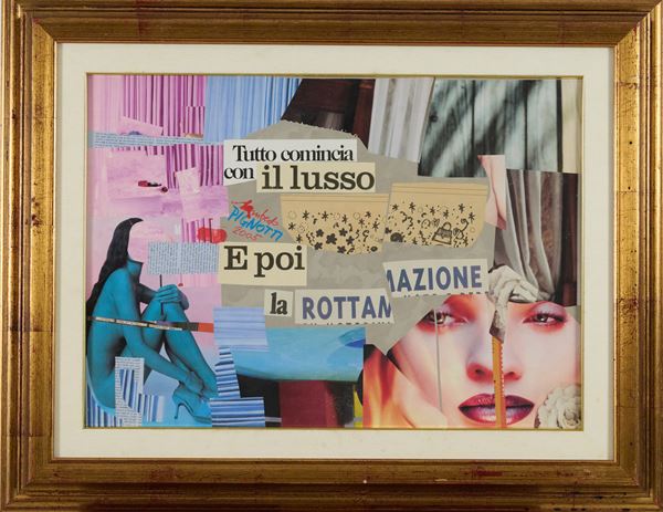 Lamberto Pignotti : Tutto comincia con il lusso  (2005)  - Collage su cartone - Asta Asta di Arte Moderna e Contemporanea - Fabiani Arte