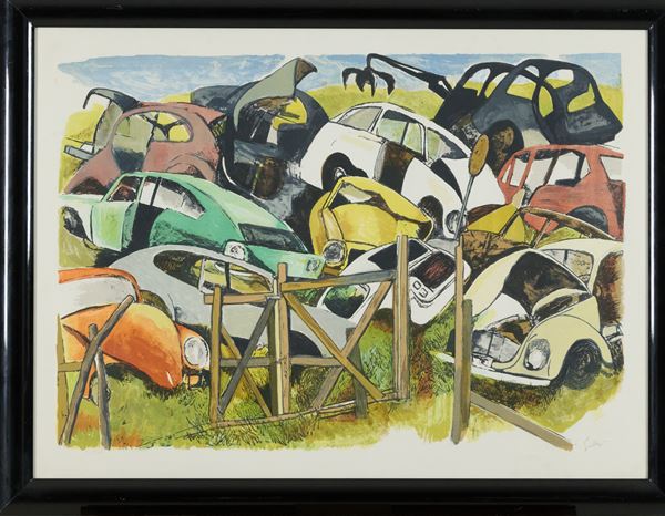 Renato Guttuso : Macchine a disfacimento  - Litografia su carta - Asta Asta di Arte Moderna e Contemporanea - Fabiani Arte