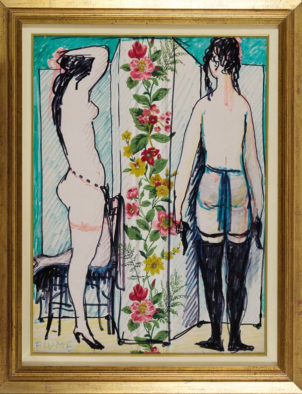 Salvatore Fiume : Figure di donne  (Anni '70)  - Tecnica mista su carta da parati applicata su faesite - Asta Asta di Arte Moderna e Contemporanea - Fabiani Arte