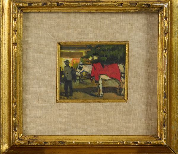 Cafiero Filippelli : Cavallo a riposo  - Olio su cartone - Asta Asta di Arte Moderna e Contemporanea - Fabiani Arte