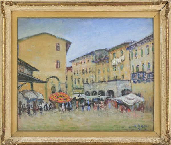 Gino Brogi : Mercato di Piazza Fillippo Lippi (Prato)  - Olio su cartone - Asta Asta di Arte Moderna e Contemporanea - Fabiani Arte