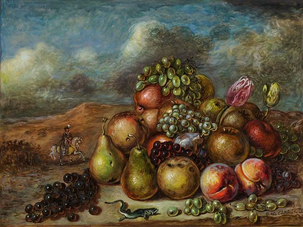 Giorgio De Chirico - Vita silente di frutta in un paese