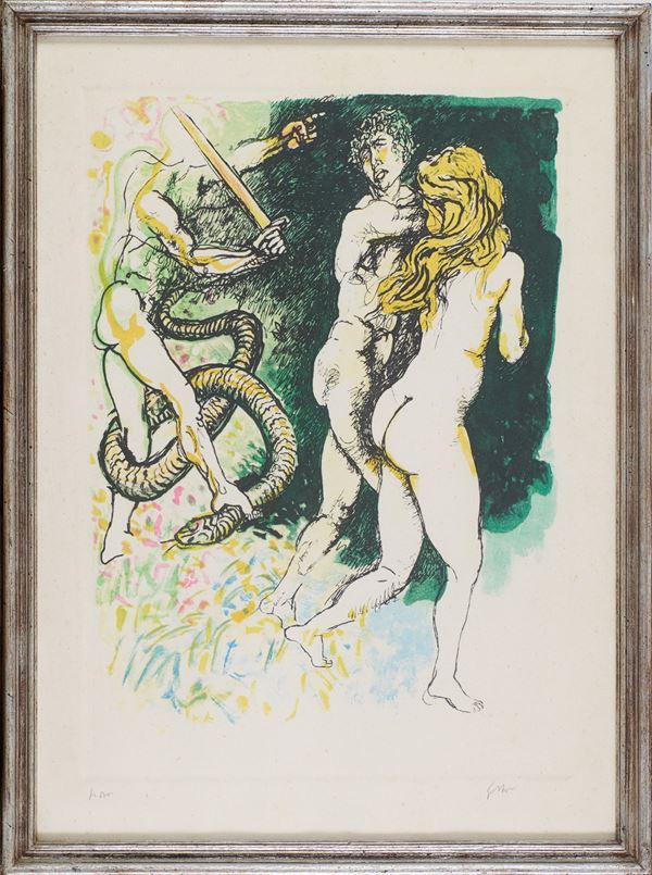 Renato Guttuso : Cacciata dai giardini dell'Eden  - Acquaforte acquatinta cm. 60x42 su carta di - Asta Asta di Arte Moderna e Contemporanea - dipinti, disegni e multipli - Fabiani Arte