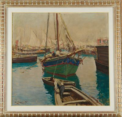 Barche al porto, olio su tela