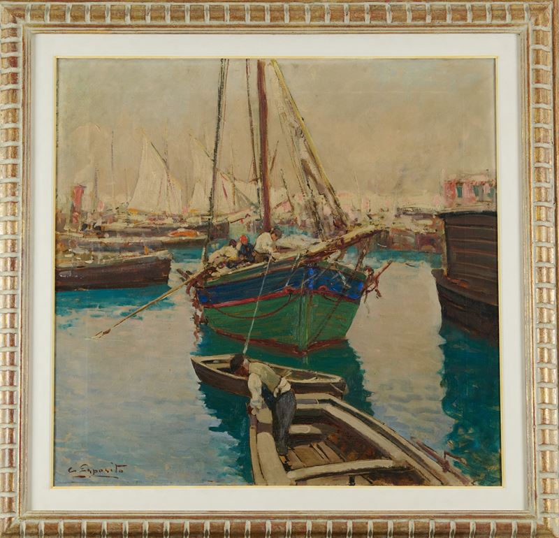 Gaetano Esposito - Barche al porto, olio su tela