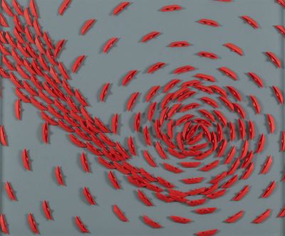 Vortice rosso, barche di carta su tela, 2023