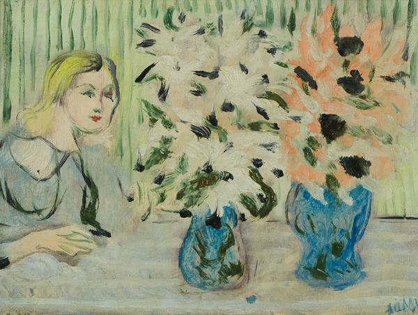 Aligi Sassu - Figura con vasi di fiori